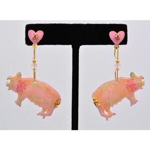 Lunch At The Ritz Vintage Pig Snack Earrings Dangle Pierced 1980s Signed CARD